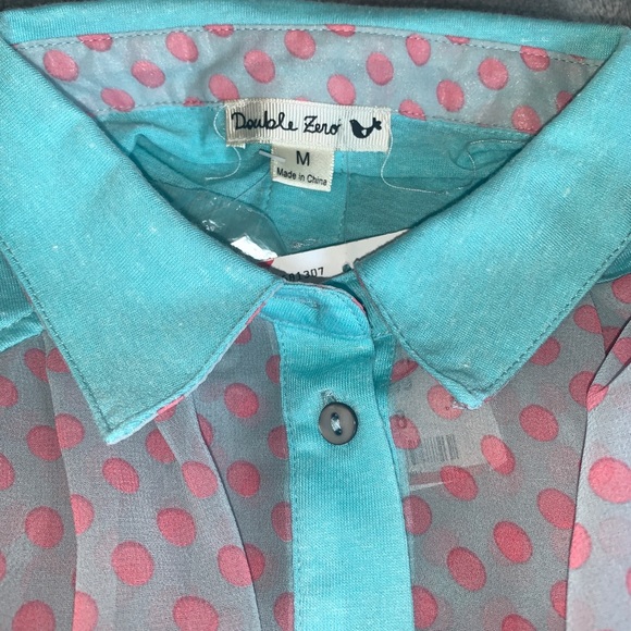 Double Zero Aqua Pink Polka Dot Sheer Blouse Hi Low Size Medium - Picture 5 of 8